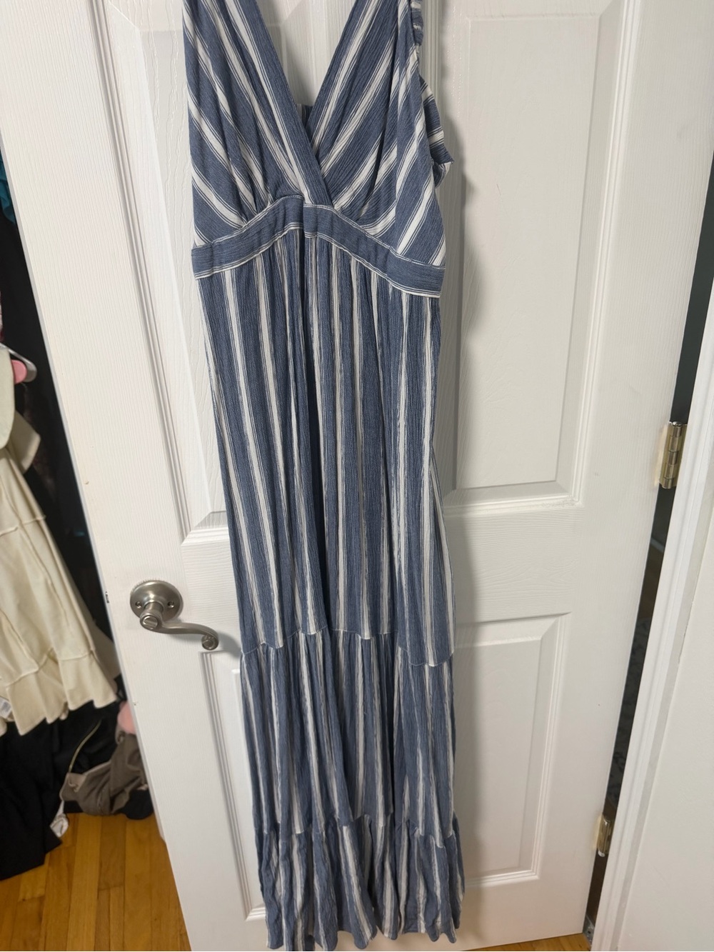 Angie Blue and White Vertical Stripe Maxi Dress